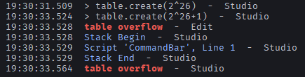 table.create(2^26) is fine. One element past it and Luau throws table overflow.